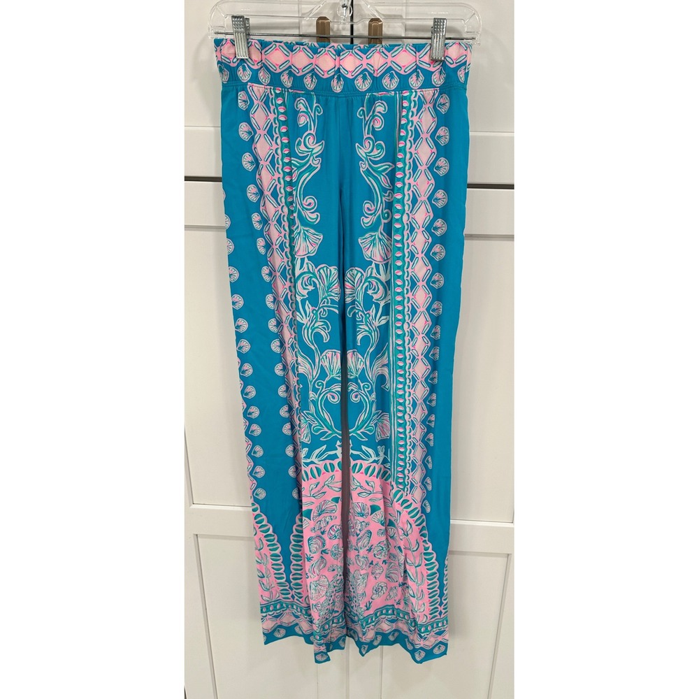 Lilly Pulitzer Women's XXS Palazzo Pants Blue Pink Shell Print‎ Rayon Wide Leg